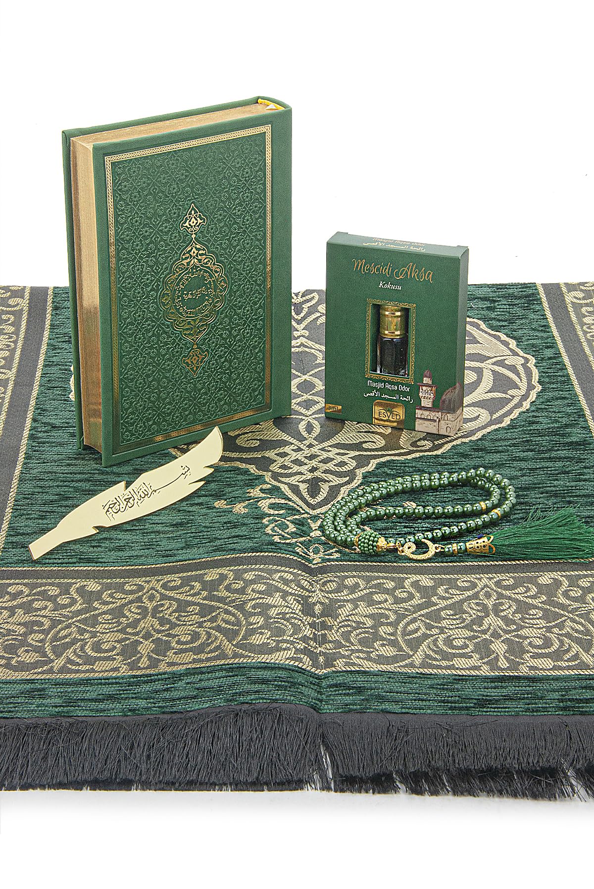 ihvan online Prayer Gift Set for Men & Women, Muslim Prayer Rug, Salah Mat, Beads Taasbih, Arabic Holy Quran, Islamic Gift Set for Ramadan & Eid, Green