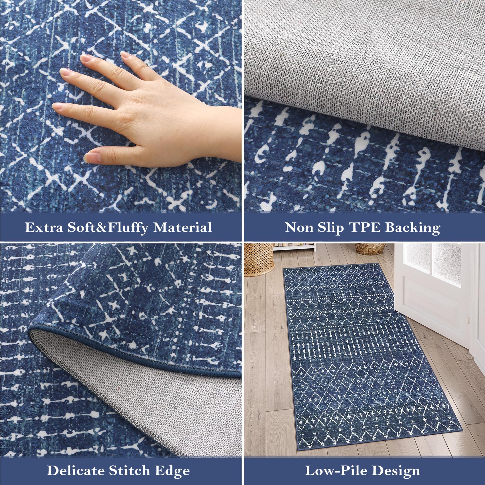 Beeiva Moroccan Washable Living Room Rug, Printed Soft 5x7 Rug with Rubberback Non Slip, Low Pile Distressed Blue Rug No Shedding Dining Room Rug for Bedroom Office