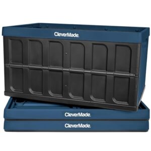 clevermade collapsible storage bin (no lid), ocean, 3pk - 46l (12 gal) folding plastic stackable utility crates, holds 75lbs per bin - solid wall clevercrates for organizing, storage, moving