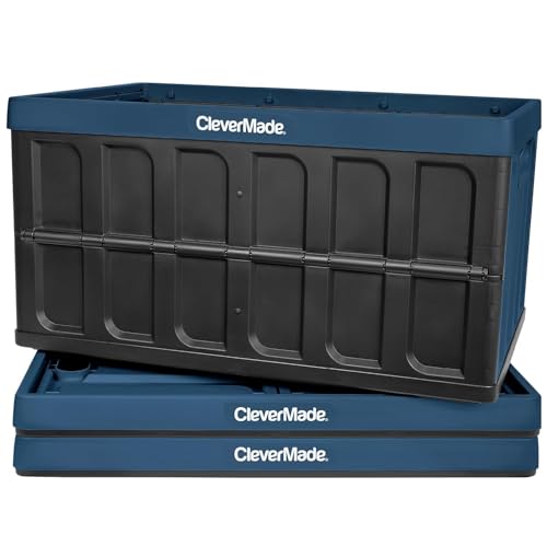 CleverMade Collapsible Storage Bin (No Lid), Ocean, 3PK - 46L (12 Gal) Folding Plastic Stackable Utility Crates, Holds 75lbs Per Bin - Solid Wall CleverCrates for Organizing, Storage, Moving