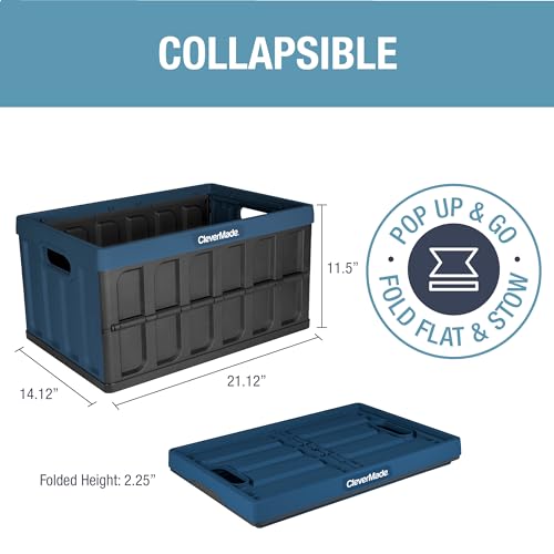 CleverMade Collapsible Storage Bin (No Lid), Ocean, 3PK - 46L (12 Gal) Folding Plastic Stackable Utility Crates, Holds 75lbs Per Bin - Solid Wall CleverCrates for Organizing, Storage, Moving