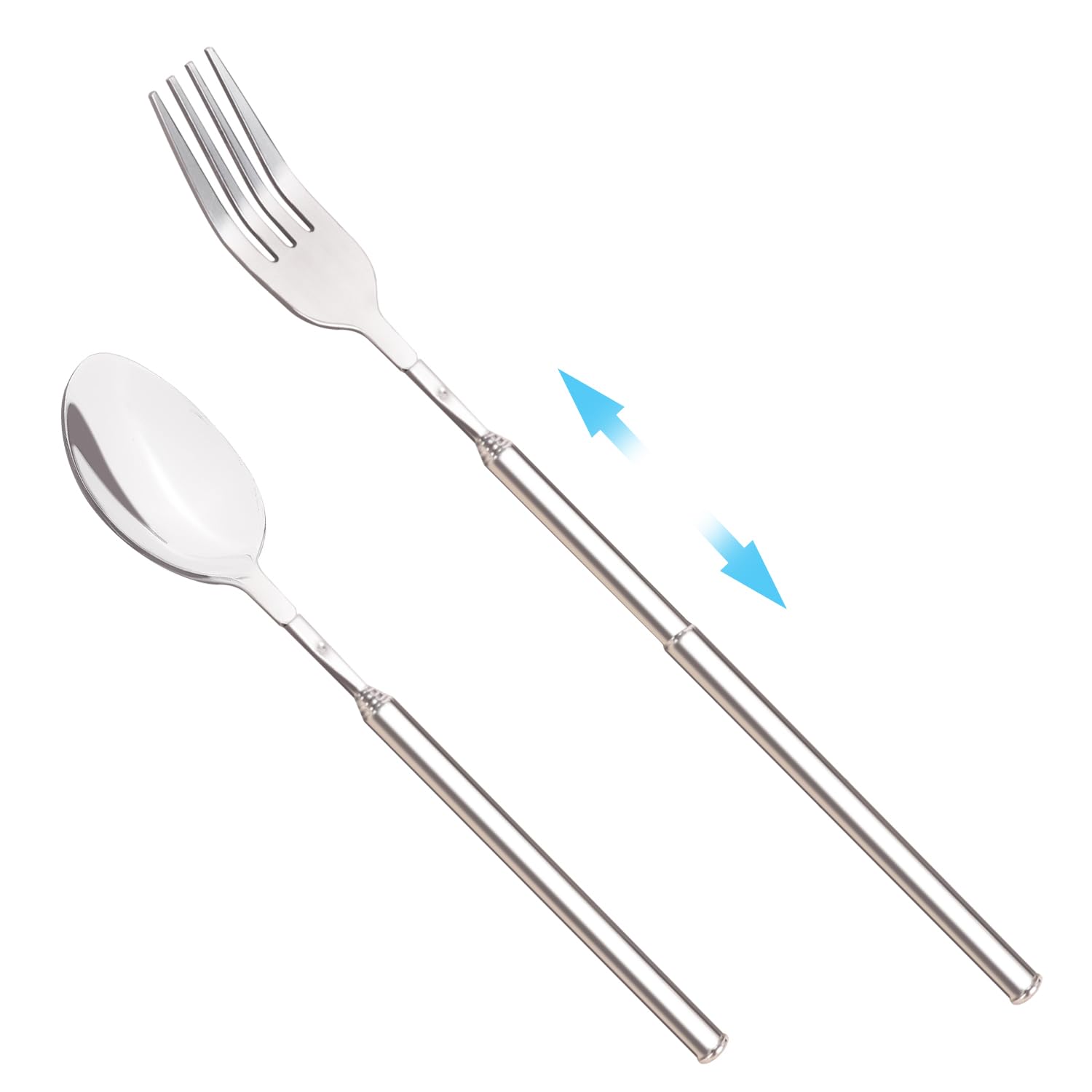 2PCS Extendable Fork Spoon, Telescopic Stainless Steel Dinner Long Forks Extends to 25 Inches, BBQ Fruit Dessert Long Handle Fork Spoon Cutlery Set