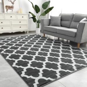 Kimeesky Large 5x8 Geometric Shag Modern Area Rug for Living Room Bedroom, Distressed Moroccan Fluffy Rug Indoor Carpets for Kids Nursery Bedside Room Decor, Memory Foam Shaggy Rugs, Dark Grey/White