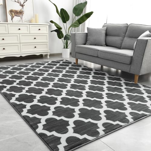 Kimeesky Large 5x8 Geometric Shag Modern Area Rug for Living Room Bedroom, Distressed Moroccan Fluffy Rug Indoor Carpets for Kids Nursery Bedside Room Decor, Memory Foam Shaggy Rugs, Dark Grey/White