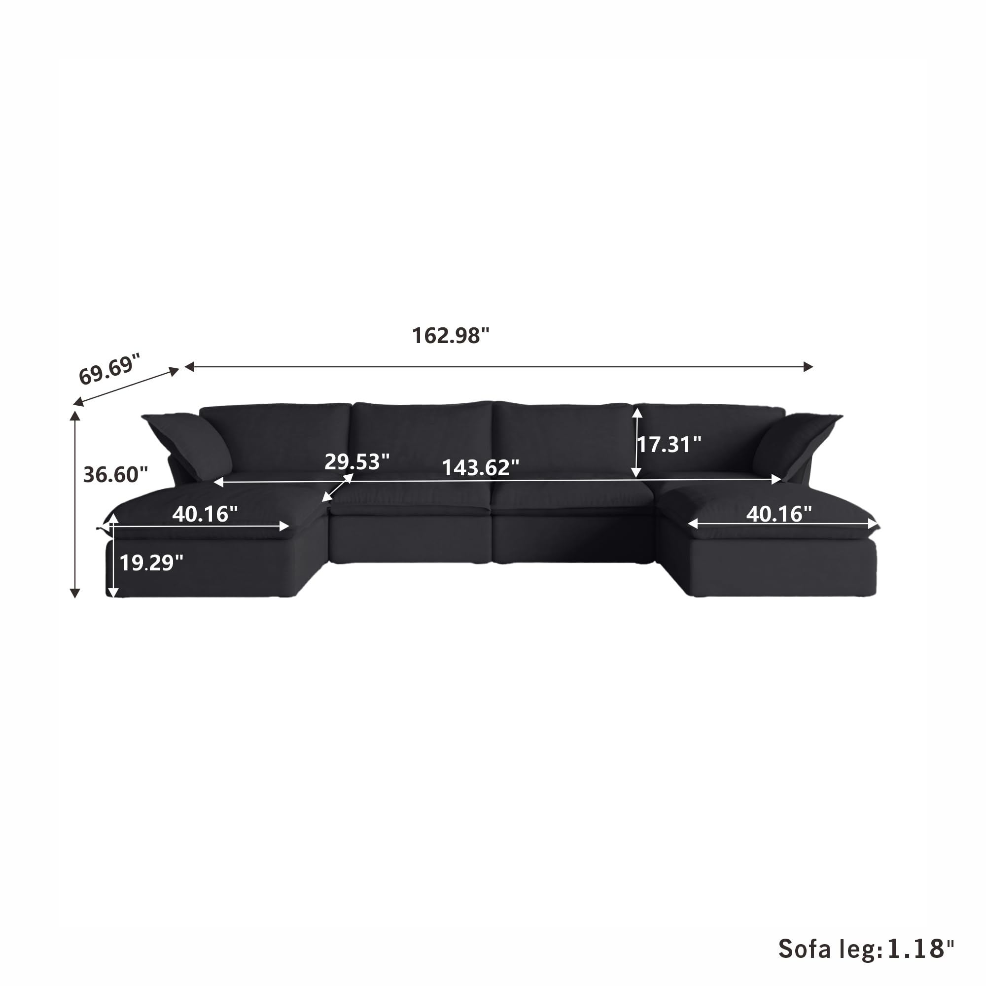 Cloud Modular Sectional Sofa,162.98" Down Filled Comfort U Shaped Sofa Couch for Living Room,Minimalist Wide Deep Seat Convertible Couches (4 Seater and 2 Ottoman,Black)