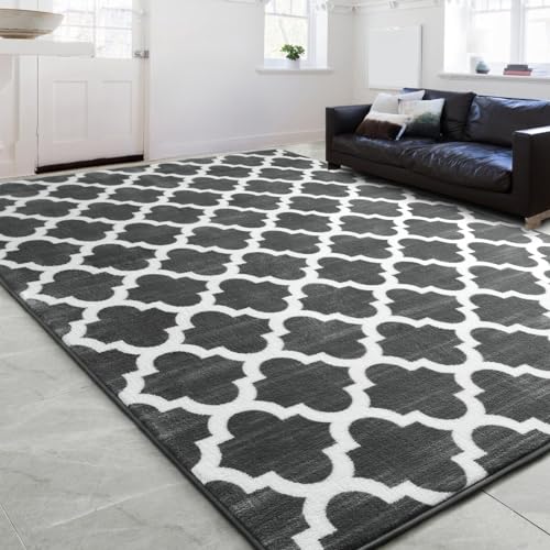 Kimeesky Large 5x8 Geometric Shag Modern Area Rug for Living Room Bedroom, Distressed Moroccan Fluffy Rug Indoor Carpets for Kids Nursery Bedside Room Decor, Memory Foam Shaggy Rugs, Dark Grey/White