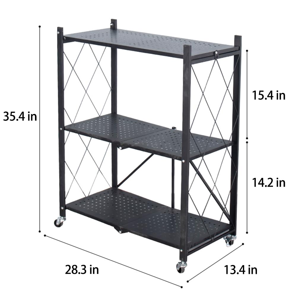 Jurbnlp 3-Tier Multipurpose Folding Shelf Storage Shelves Heavy Duty Foldable Metal Shelving Units Racks with Lockable Wheels No Assembly Required Great for Kitchen and Garage Shelf Black