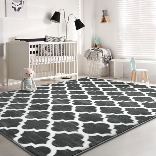 Kimeesky Large 5x8 Geometric Shag Modern Area Rug for Living Room Bedroom, Distressed Moroccan Fluffy Rug Indoor Carpets for Kids Nursery Bedside Room Decor, Memory Foam Shaggy Rugs, Dark Grey/White