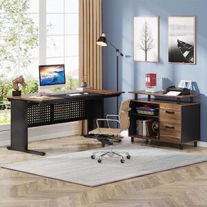 LITTLE TREE Large Computer Desk with File Cabinet, 63 Inch Executive Desk L Shaped Office Desk, Business Furniture Desk Workstation for Home Office, Brown and Black