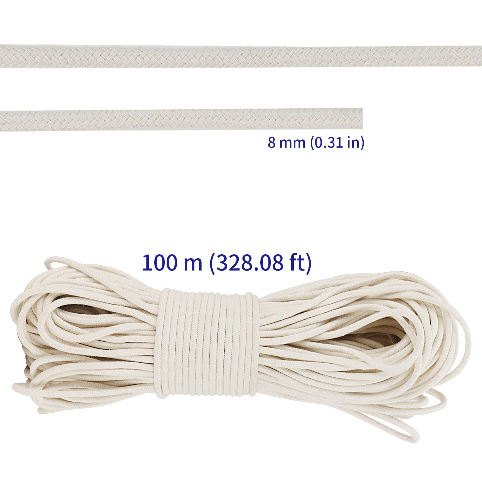 SOUJAP 328 Feet 5/16 Inch Cotton Rope, White Cotton Sash Cord, 8mm Thick Cotton Clothesline Rope for DIY, Decoration, Tie Down