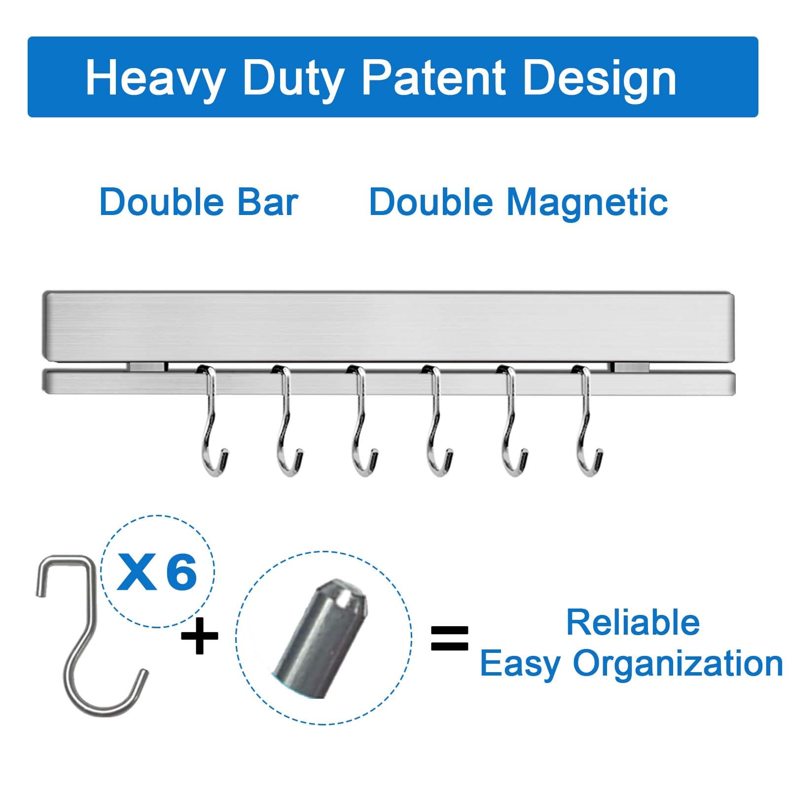 HomeSimplex 12 Inch Magnetic Knife Holder for Wall or Fridge with 6 Hooks No Drill - Adhesive Double Magnetic Knife Bar - Refrigerator Knife Magnetic Strip - 304 Stainless Steel Kitchen Utensil Holder