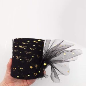 2 Rolls/50 Yards Glitter Tulle Fabric Rolls Gold Moon and Stars Sequin Tulle Ribbon Netting Fabric for Table Skirts DIY Sewing Crafts Wedding Party Backdrop Decoration, Black