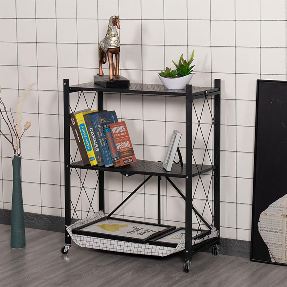 Jurbnlp 3-Tier Multipurpose Folding Shelf Storage Shelves Heavy Duty Foldable Metal Shelving Units Racks with Lockable Wheels No Assembly Required Great for Kitchen and Garage Shelf Black