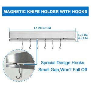 HomeSimplex 12 Inch Magnetic Knife Holder for Refrigerator with 6 Hooks - Double Sided Magnetic Knife Strip for Fridge - Premium Magnetic Knife Bar Rack - 304 Stainless Steel Kitchen Utensil Hanger