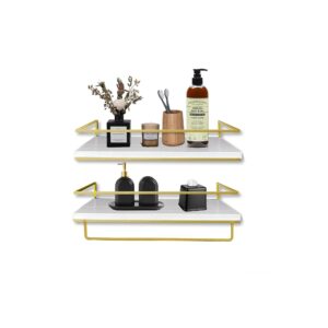 stackkz - floating shelves for wall set of 2, wall mounted storage shelves, towel rack for bathroom, bedroom, living room, kitchen, office (white and gold)