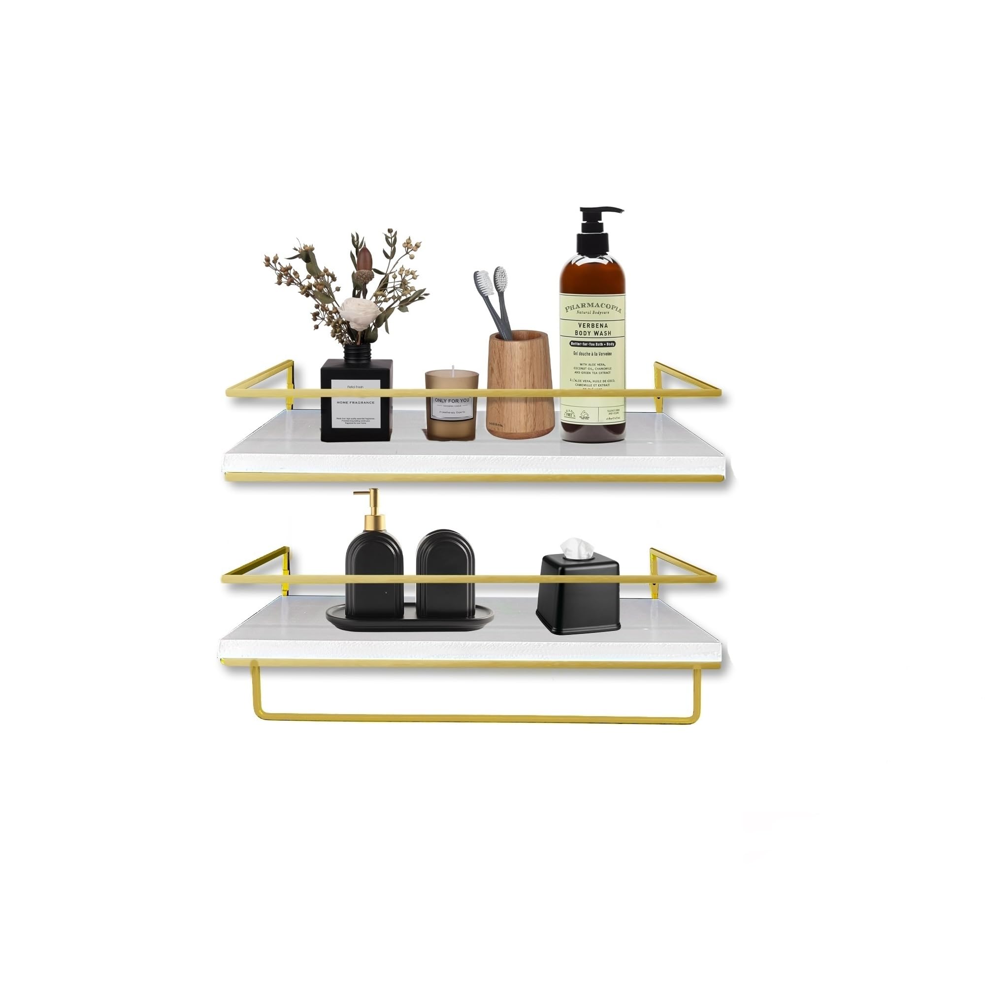 Stackkz - Floating Shelves for Wall Set of 2, Wall Mounted Storage Shelves, Towel Rack for Bathroom, Bedroom, Living Room, Kitchen, Office (White and Gold)