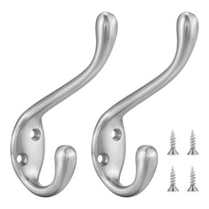 jukzi coat hooks 5 pack - heavy duty wall mounted brushed nickel double hooks for hanging clothes/towels - sturdiness design with better mounting system