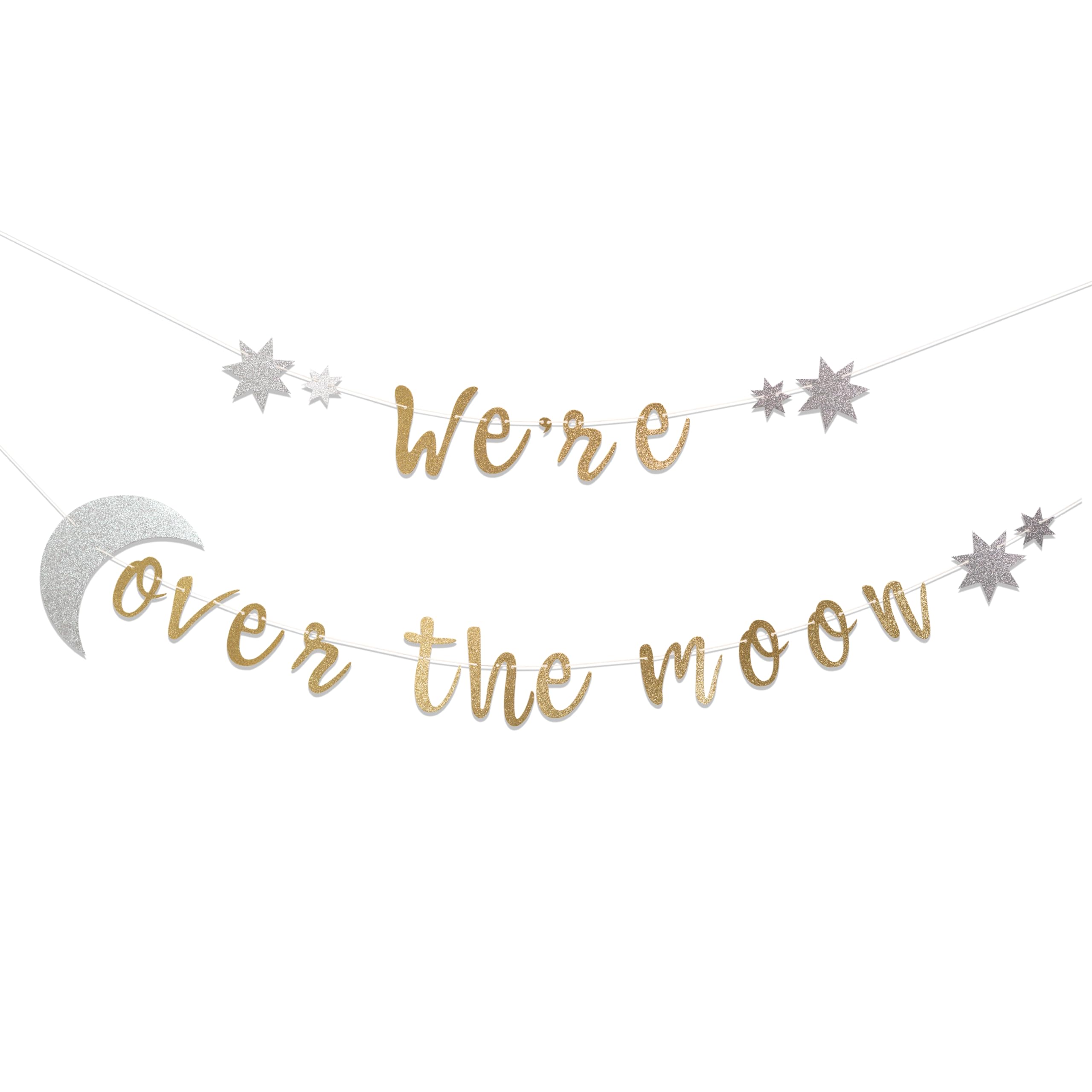 MUWEOL We’Re Over The Moon Banner - Over The Moon Baby Shower Decoration,Gender Reveal Wall Hanging Banner,Golden Glitter Party Wall Decoration (moon banner golden)