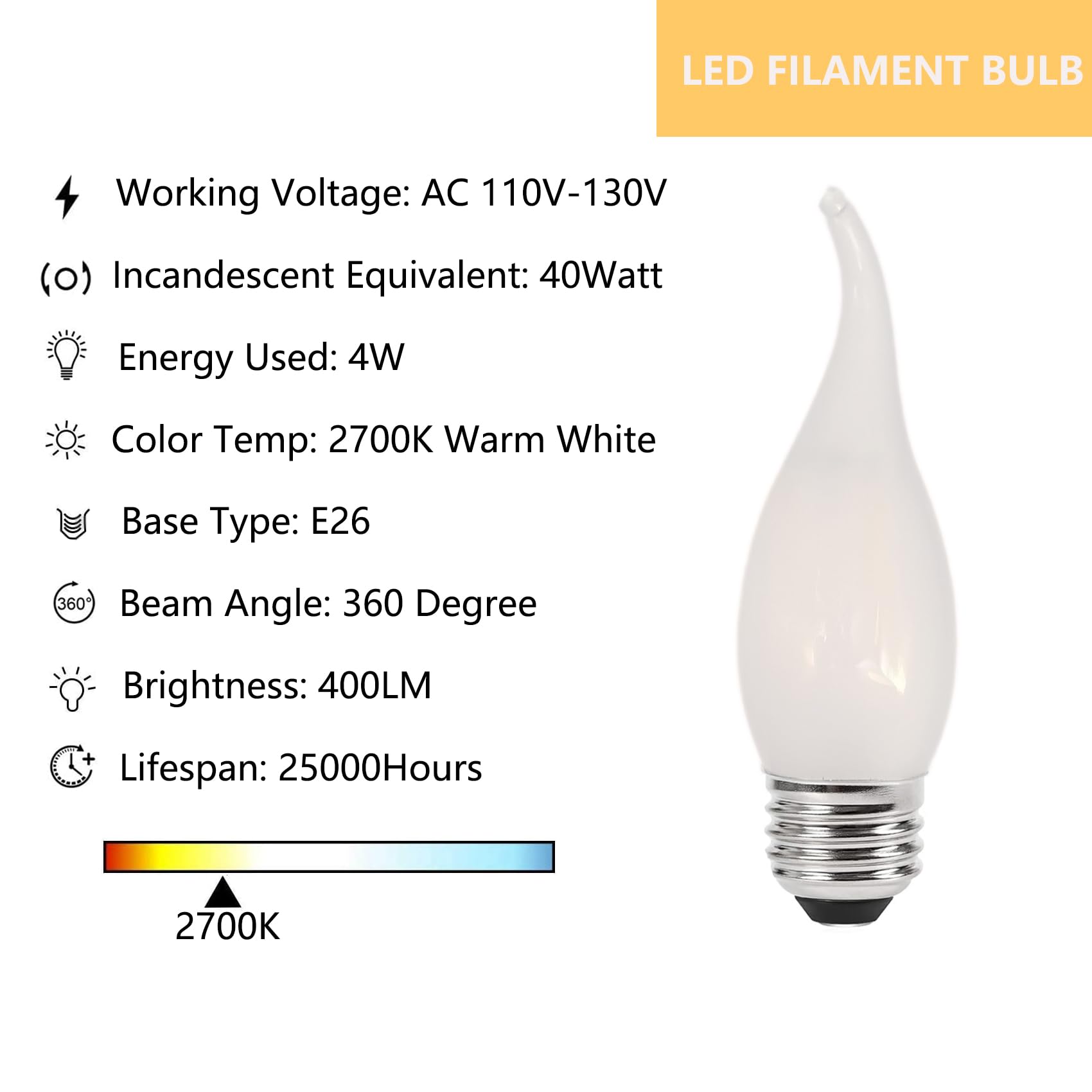 Sunaiony E26 Frosted Candelabra Bulb 40 Watt Equivalent LED Chandelier Light Bulbs, 2700K Warm White Medium Base 4W Dimmable LED Candle Light Bulbs, Frosted Glass Flame Tip Shape,6 Pack