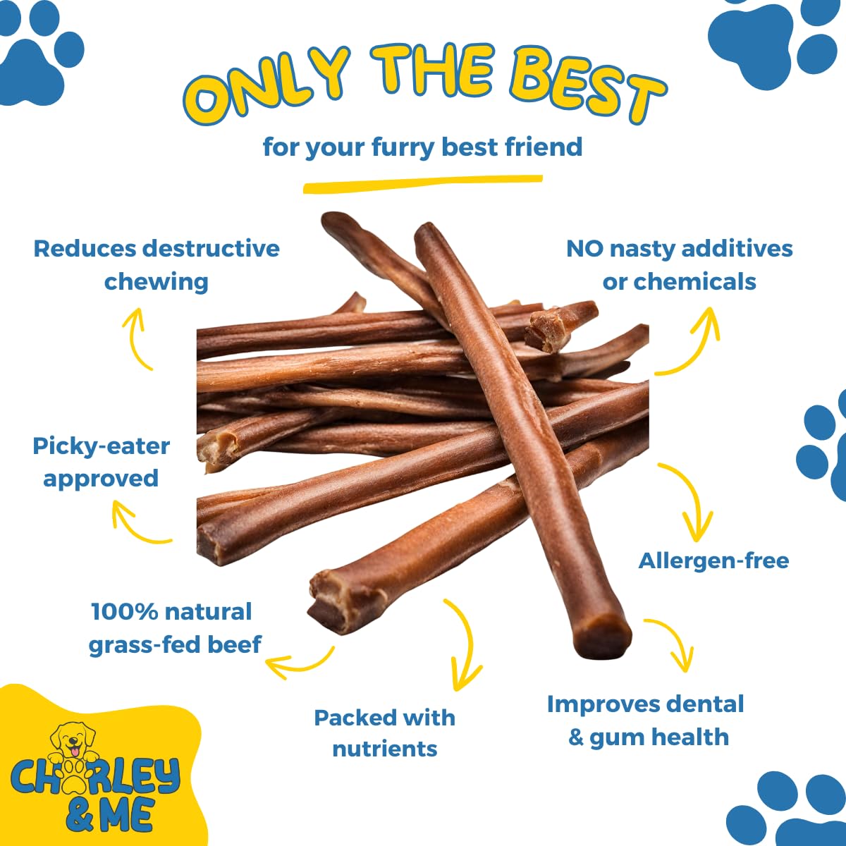 CHARLEY & ME Premium Bully Sticks for Dogs - 100% Natural Beef Dog Treats, Long-Lasting Dog Chew for Aggressive Chewers, Nutritious Joint Support for Dogs 6 Inches (Pack of 25)