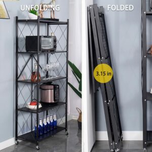 Jurbnlp 3-Tier Multipurpose Folding Shelf Storage Shelves Heavy Duty Foldable Metal Shelving Units Racks with Lockable Wheels No Assembly Required Great for Kitchen and Garage Shelf Black