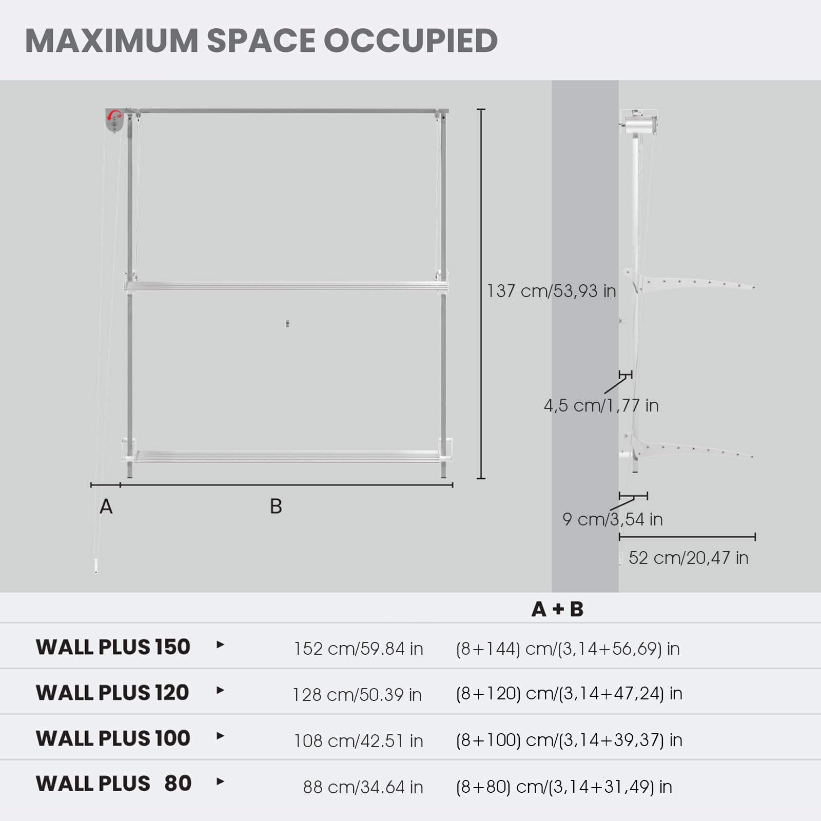 foxydry Wall Plus, Wall Mounted Drying Rack, Wall Clothes line, Laundry Drying Rack Foldable and Suspended Clothes line, with Two Racks in Aluminium and Steel (White Right, 88x52x137 cm)