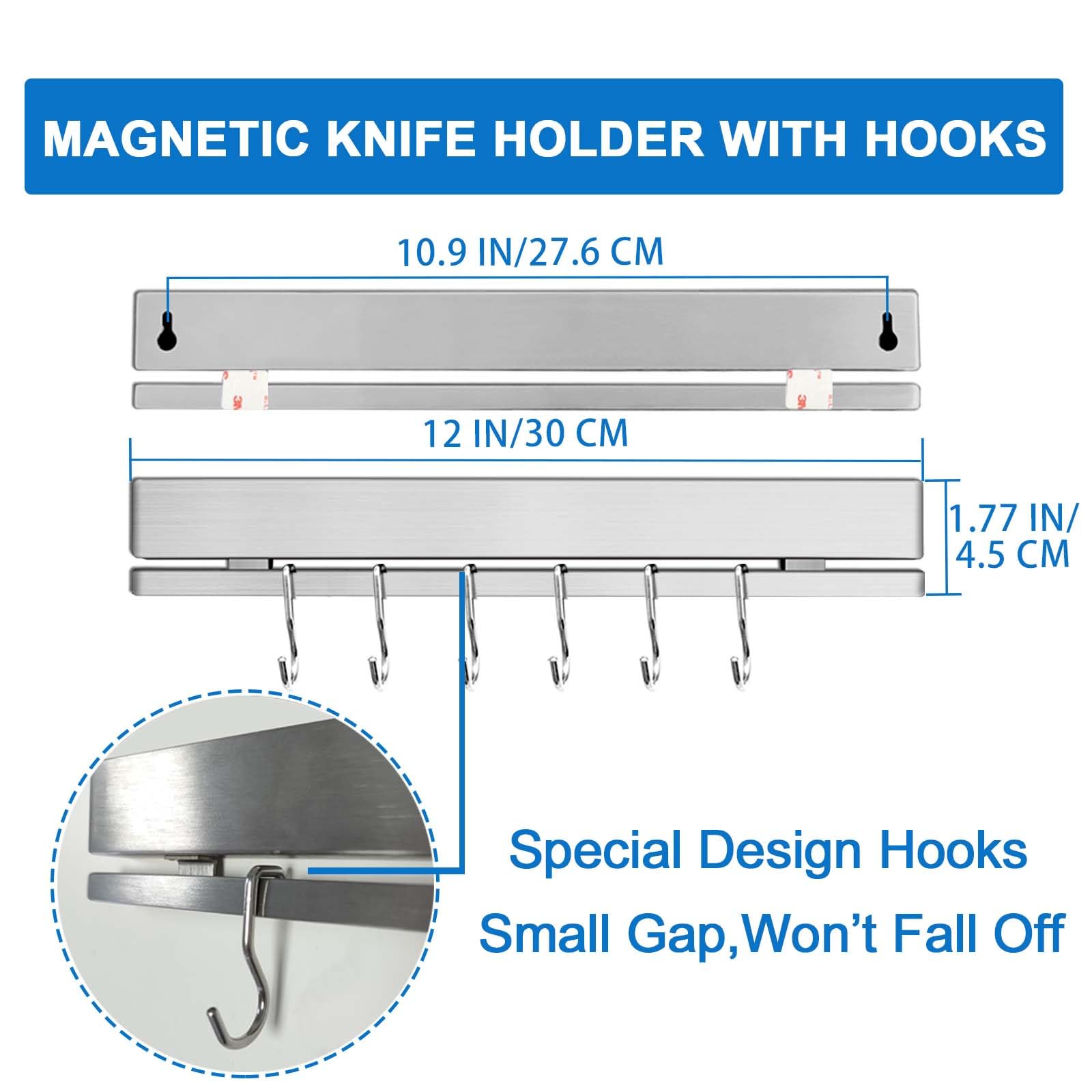 HomeSimplex 12 Inch Magnetic Knife Holder for Wall or Fridge with 6 Hooks No Drill - Adhesive Double Magnetic Knife Bar - Refrigerator Knife Magnetic Strip - 304 Stainless Steel Kitchen Utensil Holder