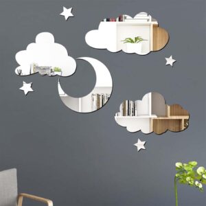 akorbom modern minimalist mirror sticker decor, 8pcs acrylic stars, clouds & moon decals for baby kids children's room, wall, door, shelf decoration