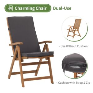 OC Orange-Casual Folding Patio Dining Chair Set of 4, Outdoor Acacia Wooden Reclining Chair w/Armrest & Removeable Cushion, FSC Certified Wood, for Porch, Backyard, Garden, Indoor, Dark Grey