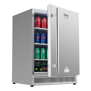 vevor 24 inch indoor/outdoor beverage refrigerator, 185qt undercounter or freestanding beverage fridge, 175 cans built-in beer fridge with stainless steel body for residential home bar commercial use