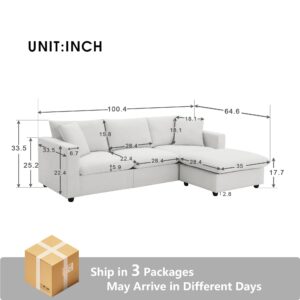 Tmsan 100.4" Modular Sectional Sofa Cloud Couch for Living Room, Modern Convertible L Shaped Couch Set with Ottoman, 4 Seater Polyester Fabric Sofa with 2 Pillows for Apartment Office (White)