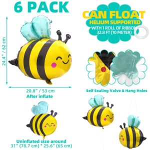 Cute Smile Face Bee Balloons Lovely Woodland Honeybee Balloons Bee Theme Birthday Supplies Party Decorations Baby Shower, 6 Pack Big Cartoon Bumblebee Mylar Foil Balloons Animal Party Balloons