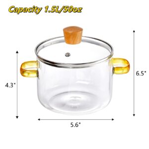 Frcctre 1.5L/50oz Glass Cooking Pot with Lid, Glass Saucepan with Cover, Heat Resistant Glass Stovetop Pot with Lid for Pasta Noodle, Soup, Milk, Baby Food