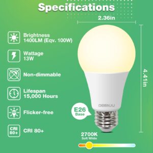 DEGNJU Light Bulbs,100 Watt Light Bulb Eqv, Warm Light Bulbs LED 1500LM, Soft White Light Bulb E26, 13W Bright Standard Appliance Light Bulb, 15000H, Non-Dimmable, White Light Bulbs for Rooms, 12 Pack