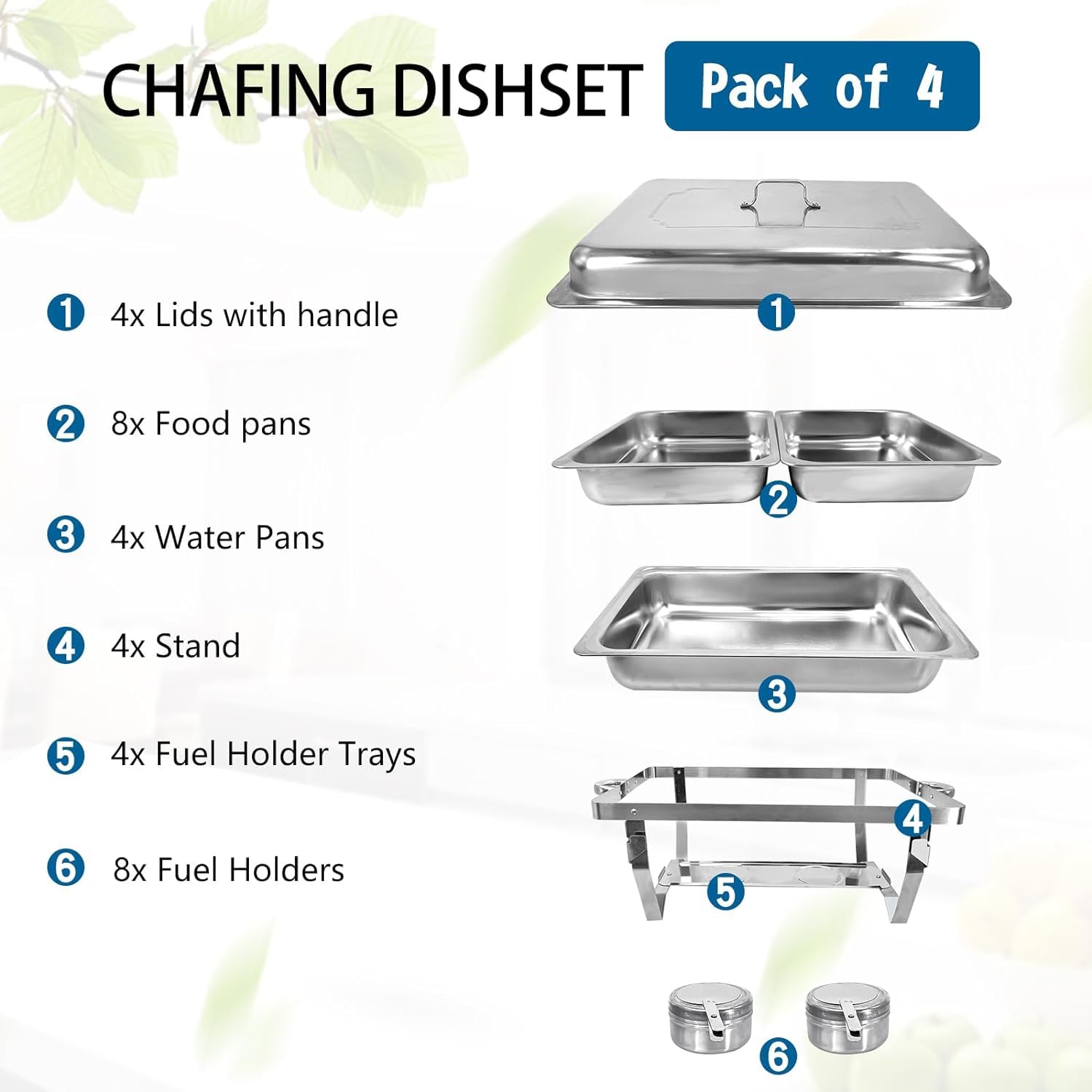 Jacgood Chafing Dish for Buffet, 4 Pack Stainless Steel Chafing Servers Food Warmer Sets with 8QT Half Size Food Pan for Kitchen Party Banquet Dining