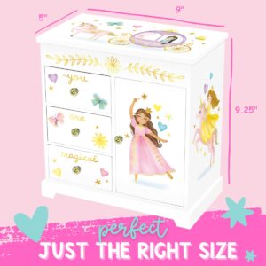 Giggle & Honey Princess Musical Jewelry Box for Girls - Kids Music Box with Drawers, Fairytale Gifts for Girls Birthday, Princess Jewelry Boxes for Ages 3-10 - 9 x 5 x 9.3 in, White