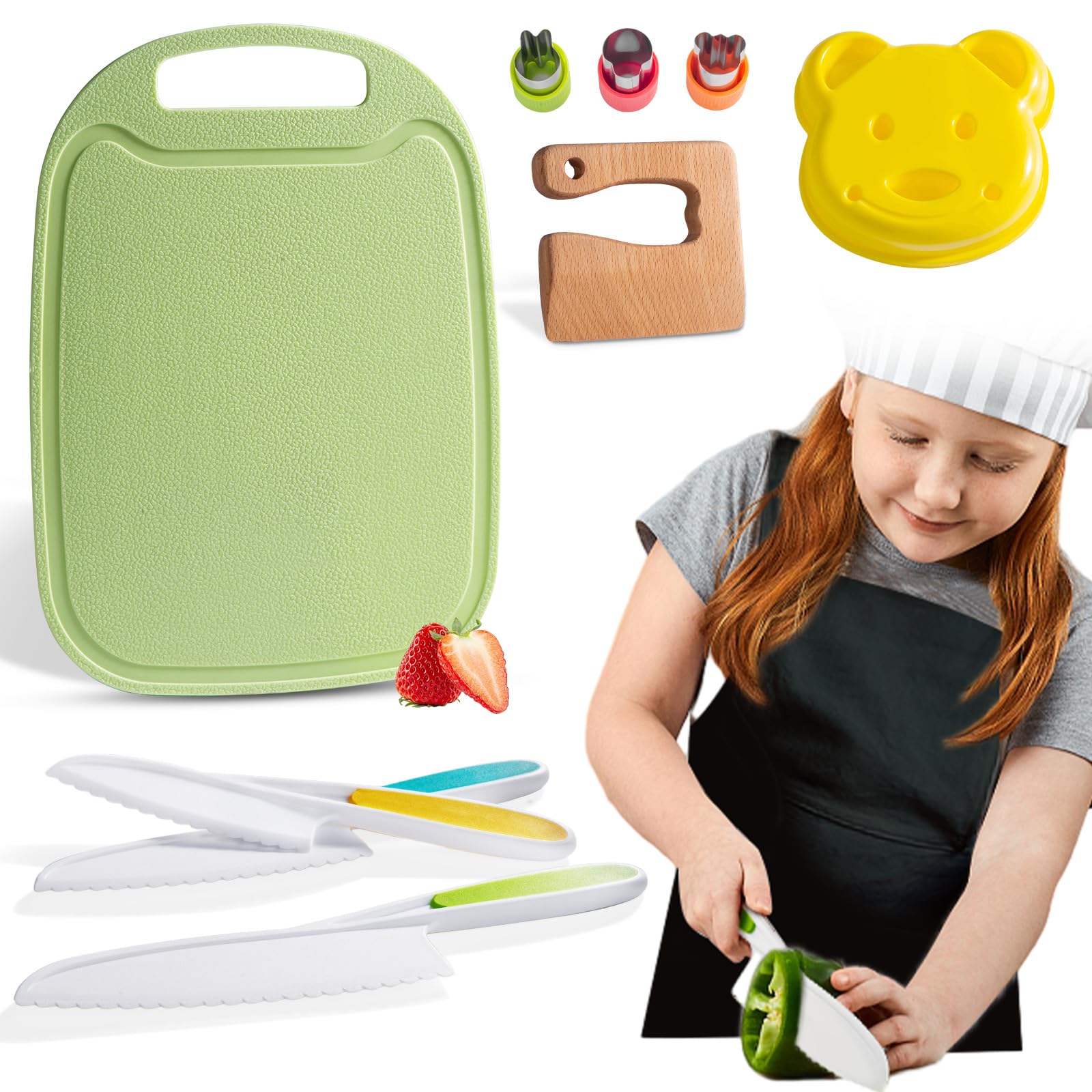 Choxila 10-Piece Toddler Knife Set - Kids Safe Knives for Real Cooking, Montessori Kitchen Tools with Cutting Board, Apron, Sandwich Cutter, and Fruit Cutters