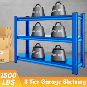 Rufokisa 40" W Garage Shelving Heavy Duty，1500LBS Loads Adjustable Garage Storage Shelves,3-Tier Metal Storage Racks and Shelving Units, Utility Rack Shelves,40”W x 18”D x 36”H,Blue