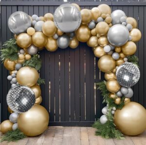 chrome gold silver balloon garland kit-metallic gold silver balloons and 4d disco silver foil mylar balloons arch for birthday baby shower graduation bachelorette wedding new year party decoration