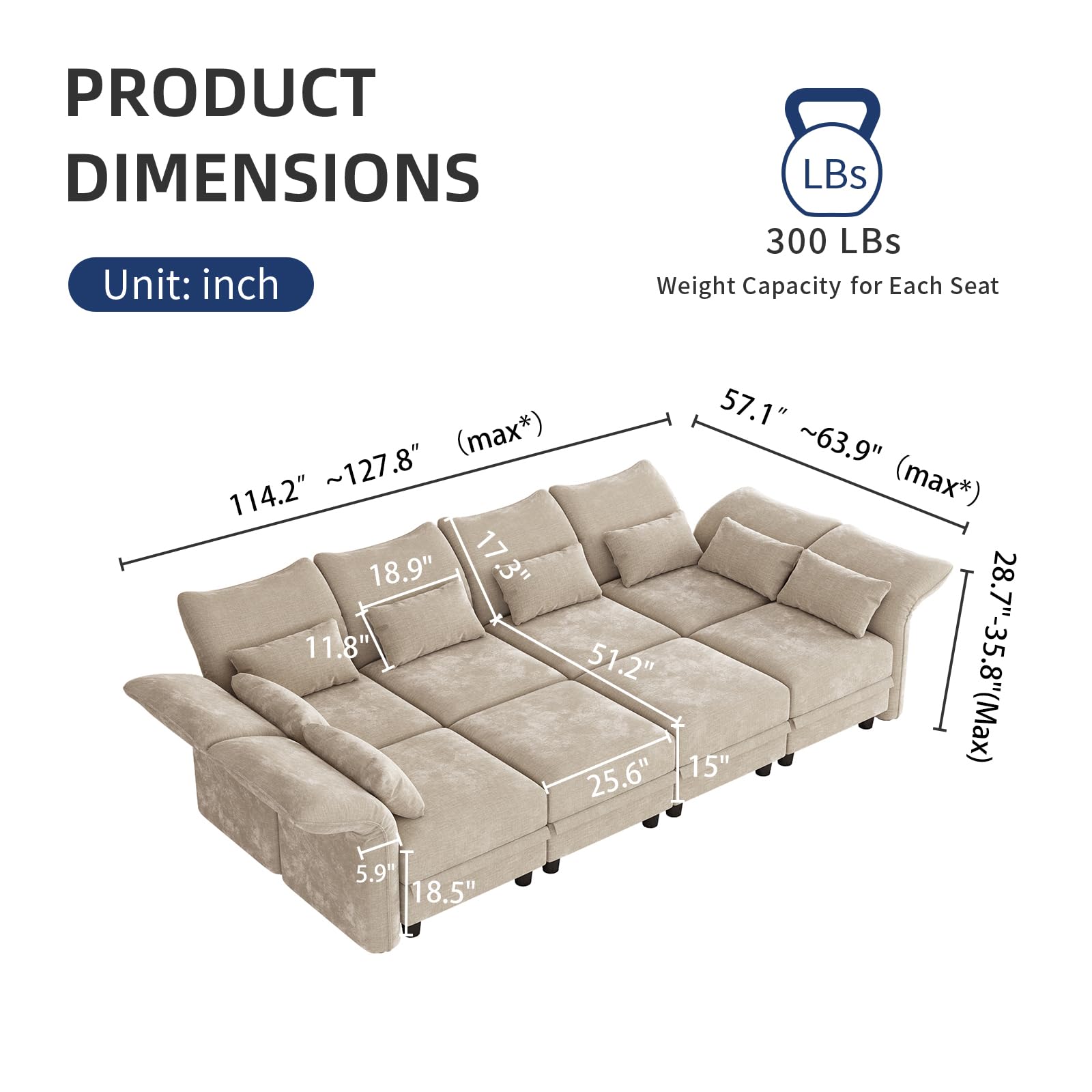 LLappuil 8 Seater Modular Sectional Sofa Deep Seat 114 Inch Large Chenille Sectional Couches for Living Room with Reversible Ottoman, Adjustable Armrest Backrest, Khaki