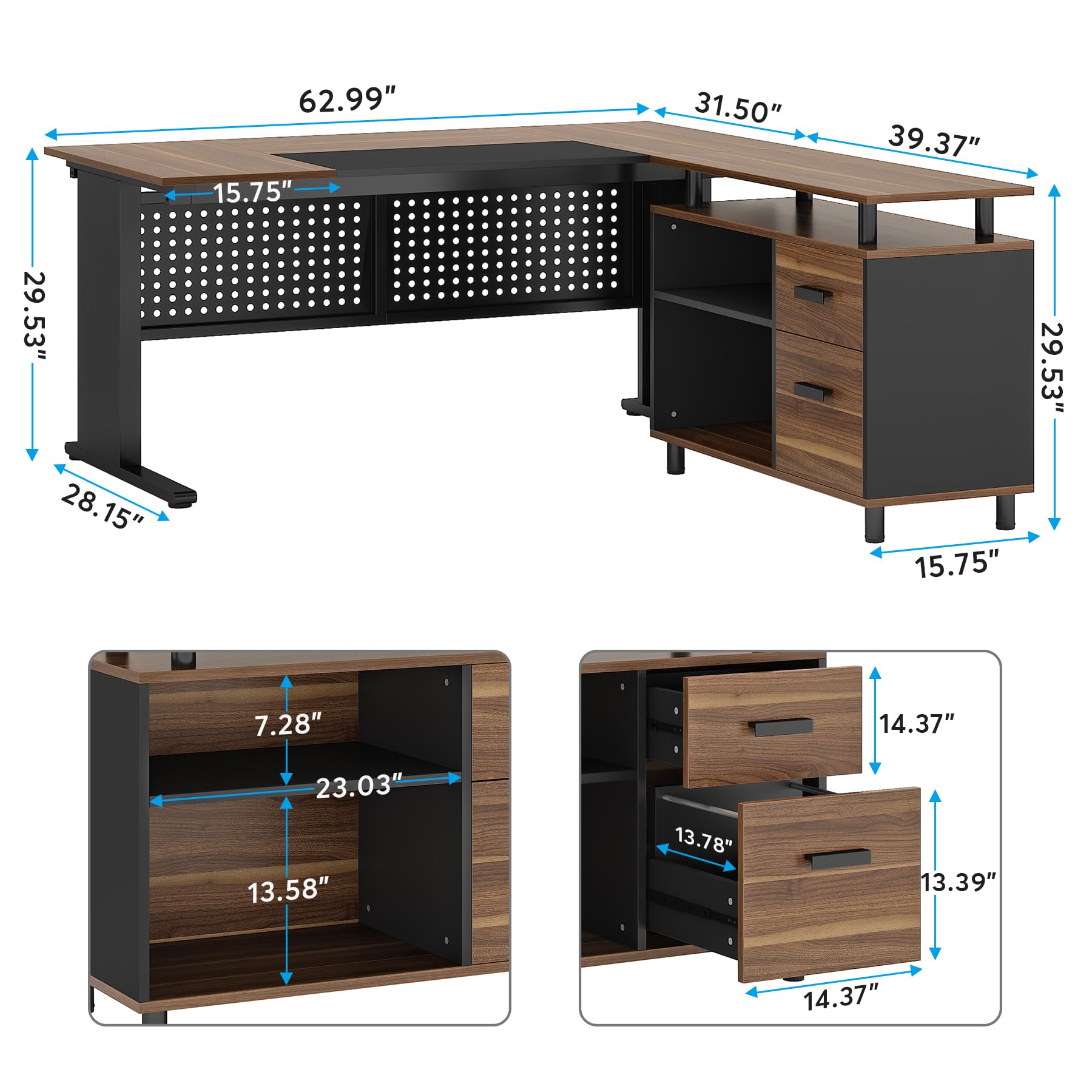 LITTLE TREE Large Computer Desk with File Cabinet, 63 Inch Executive Desk L Shaped Office Desk, Business Furniture Desk Workstation for Home Office, Brown and Black