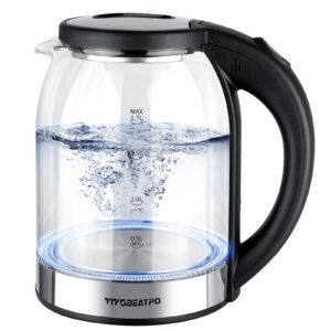 yiyobeatfo electric kettle, 1.7l glass hot water boiler kettle for coffee & tea,easy clean wide opening water heater electric with led light,360°rotation,auto shut-off&boil dry protection