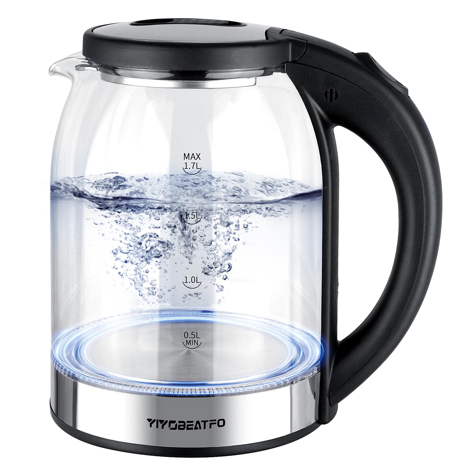 YIYOBEATFO Electric Kettle, 1.7L Glass Hot Water Boiler Kettle For Coffee & Tea,Easy Clean Wide Opening Water Heater Electric with LED Light,360°Rotation,Auto Shut-Off&Boil Dry Protection