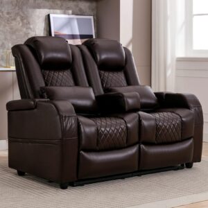 attliahome 57" rv loveseat recliner, double recliner furniture with 3 arms and 2 pillows, wall hugger recliners & 135° reclining theater seating (brown pu leather rv couch)