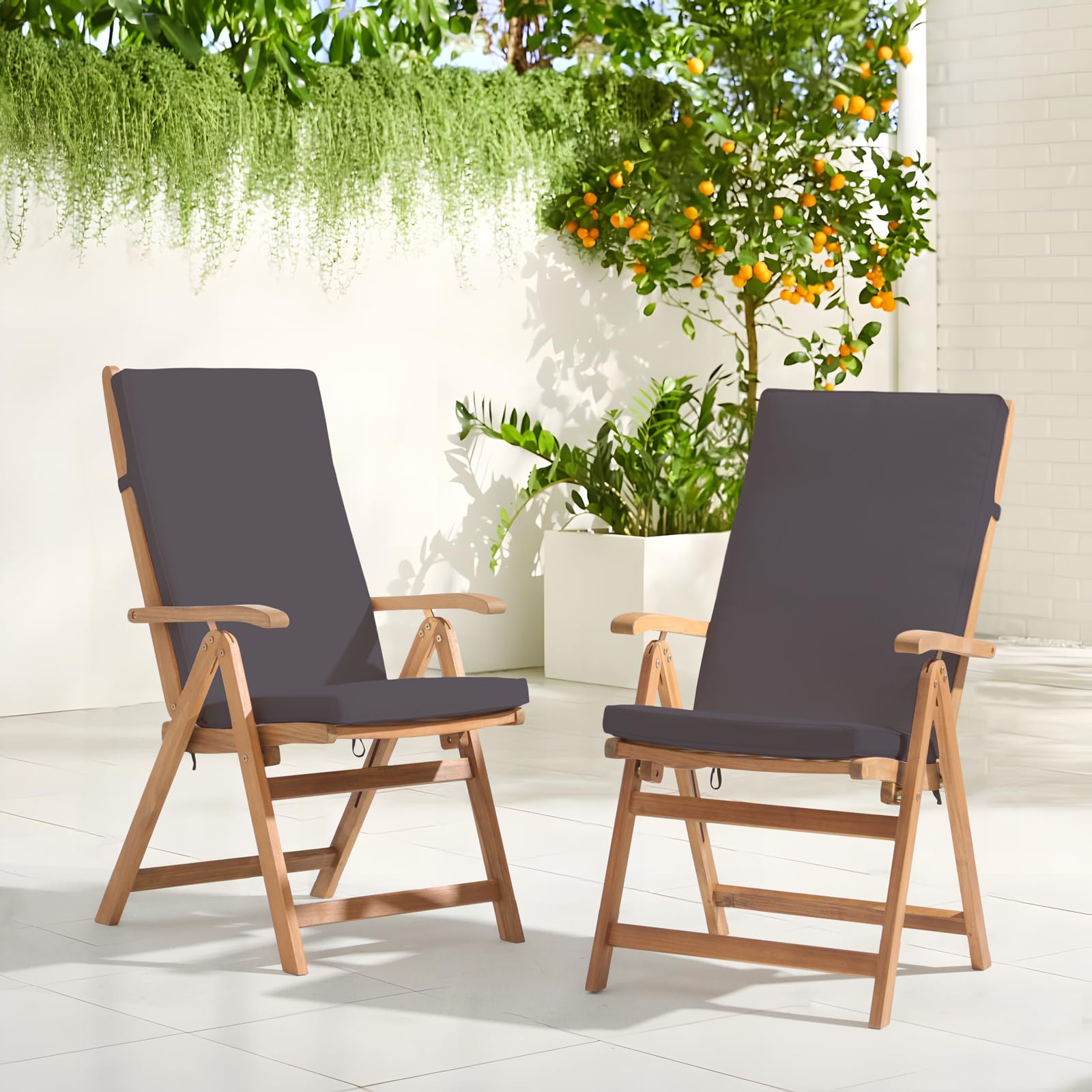 OC Orange-Casual Folding Patio Dining Chair Set of 4, Outdoor Acacia Wooden Reclining Chair w/Armrest & Removeable Cushion, FSC Certified Wood, for Porch, Backyard, Garden, Indoor, Dark Grey