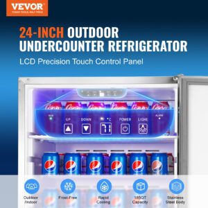 VEVOR 24 inch Indoor/Outdoor Beverage Refrigerator, 185QT Undercounter or Freestanding Beverage Fridge, 175 Cans Built-in Beer Fridge with Stainless Steel Body for Residential Home Bar Commercial Use