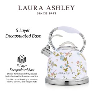 VQ Laura Ashley Elveden White 3L Stainless Steel Tea Kettle Stovetop Whistling Teapot for Induction, Gas Hob or others. Silicon Coated Cool Handle & Push Button Mechanism Vintage Stove Top Kettle