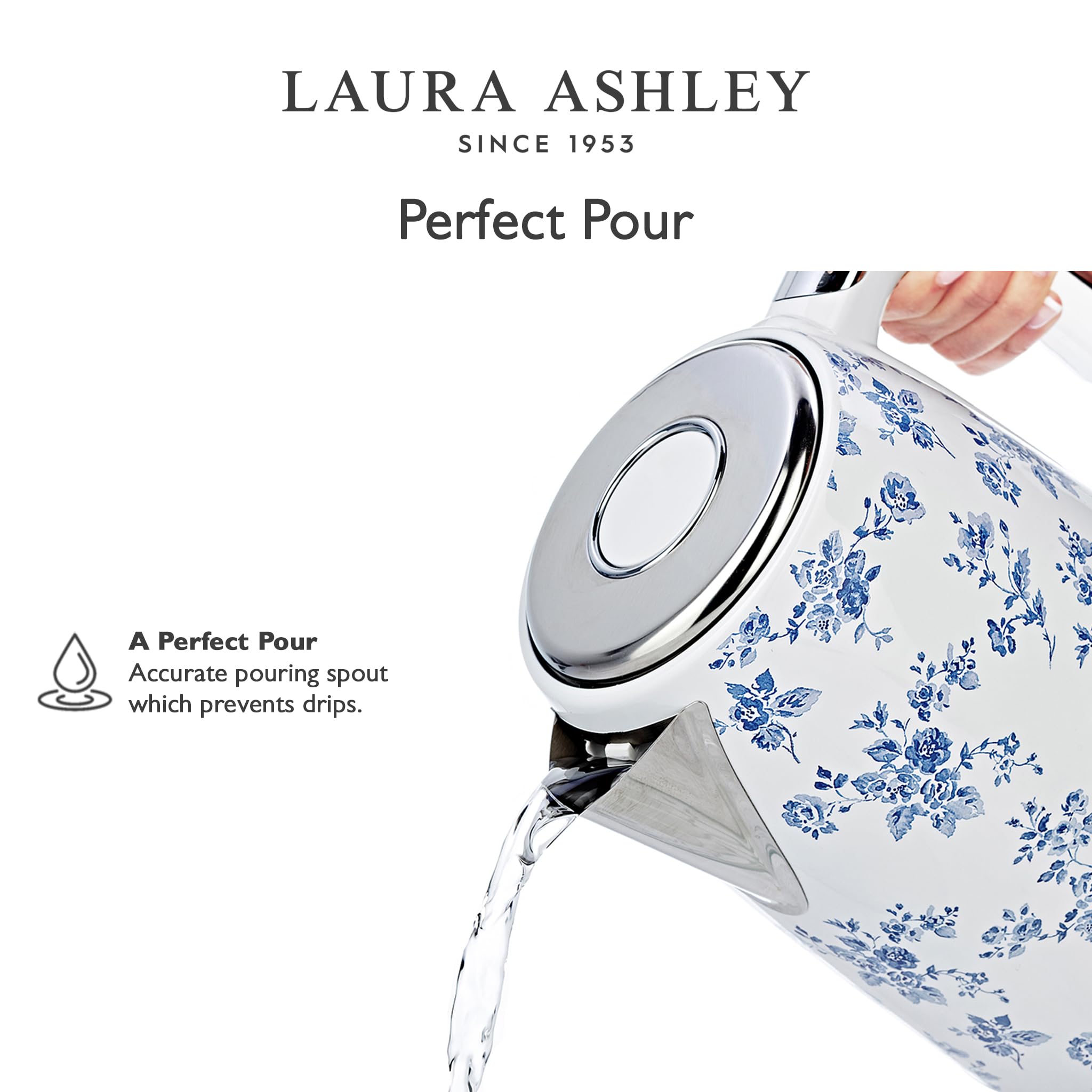 Laura Ashley China Rose Cordless Jug Kettle 1.7 Liter by VQ | Energy Efficient 3KW Rapid Boil Stainless Steel Electric Kettle for Boiling Water | Overheating & Boil Dry Protection Electric Tea Kettle