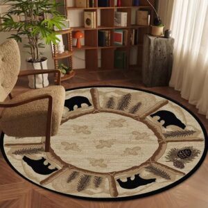 Soyalie Rustic Lodge Round Area Rug for Entrance Kitchen Pine Tree Print Carpet Bear Cabin Circle Floor Carpets Vintage Throw Rugs 3ft