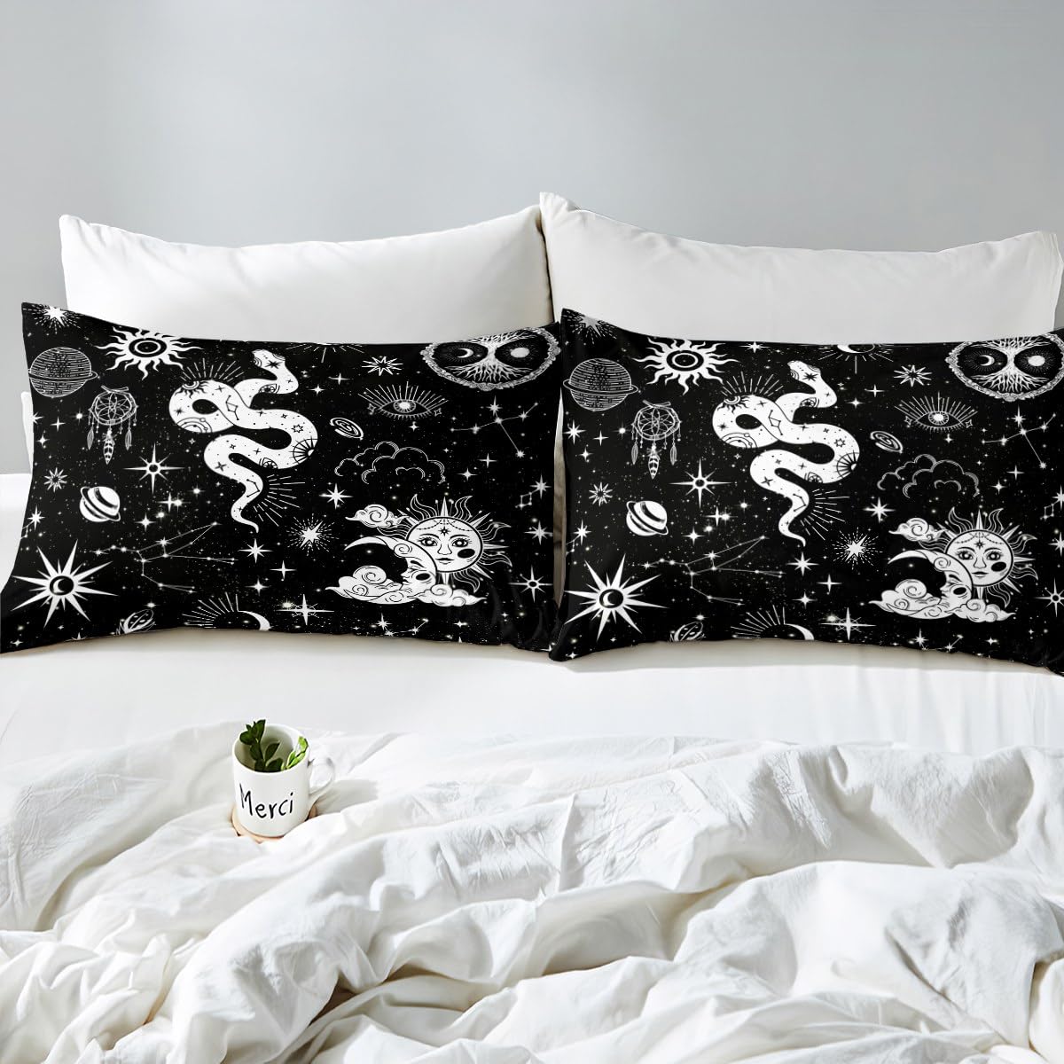 Black White Snake Fitted Sheet Full Size,Sun Moon Stars Constellation Bed Sheet 3Pcs,Boho Dream Catcher Bedding Sheets Kids Girls Boys Adult Room Decor Gothic Exotic Deep Pocket Sheet,2 Pillowcases